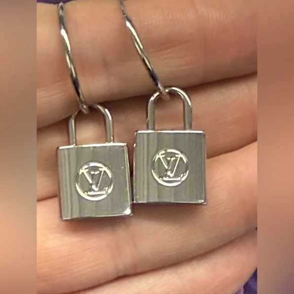 Upcycled LV Silver tone Padlock Charm Hoop Earrings - Picture 1 of 1